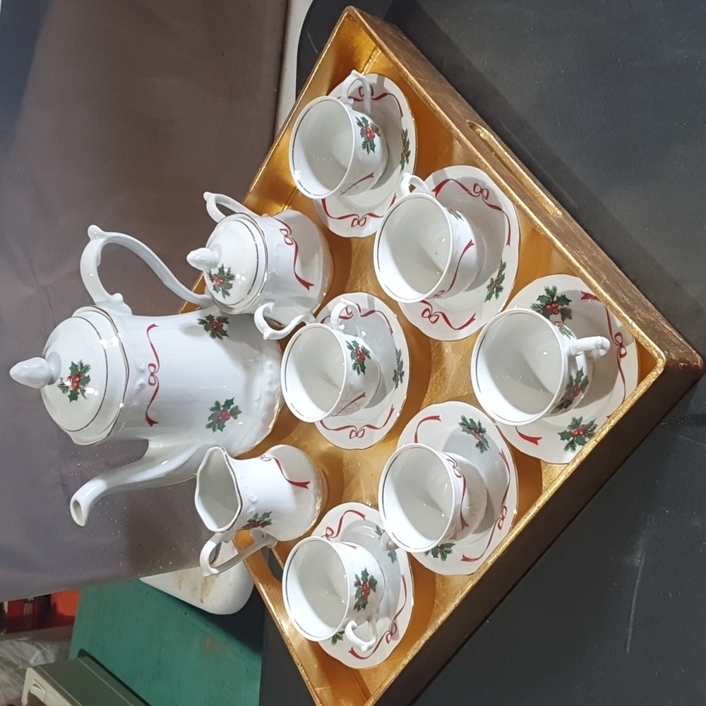 Vintage Christmas holly tea set from Poland 18 piece set with serving tray